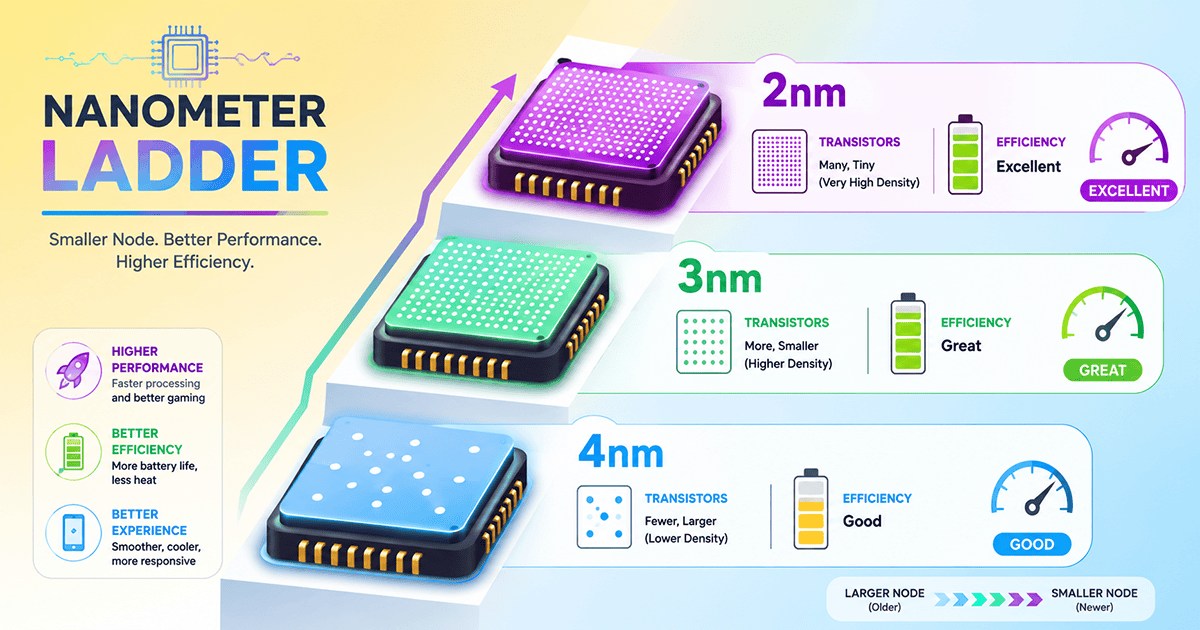 شرح دقة تصنيع المعالج: 4nm و 3nm و 2nm – هل تؤثر على الأداء والبطارية والألعاب؟ (دليل شامل)