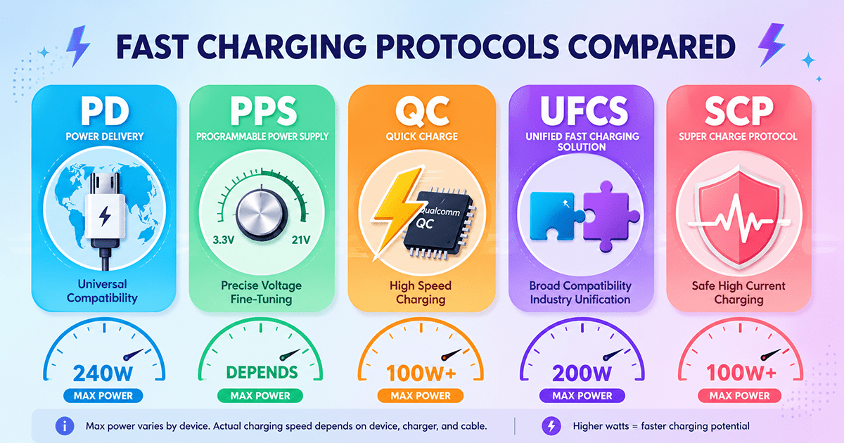 بروتوكولات الشحن السريع: شرح PD و PPS و QC و UFCS و SCP ميزاتها والفرق بينها (دليل شامل)