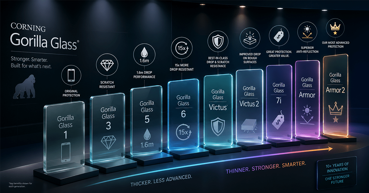 شرح مواصفات حماية الشاشة: مقارنة Gorilla Glass من الإصدار الأول حتى Victus 2 و 7i و Armor 2