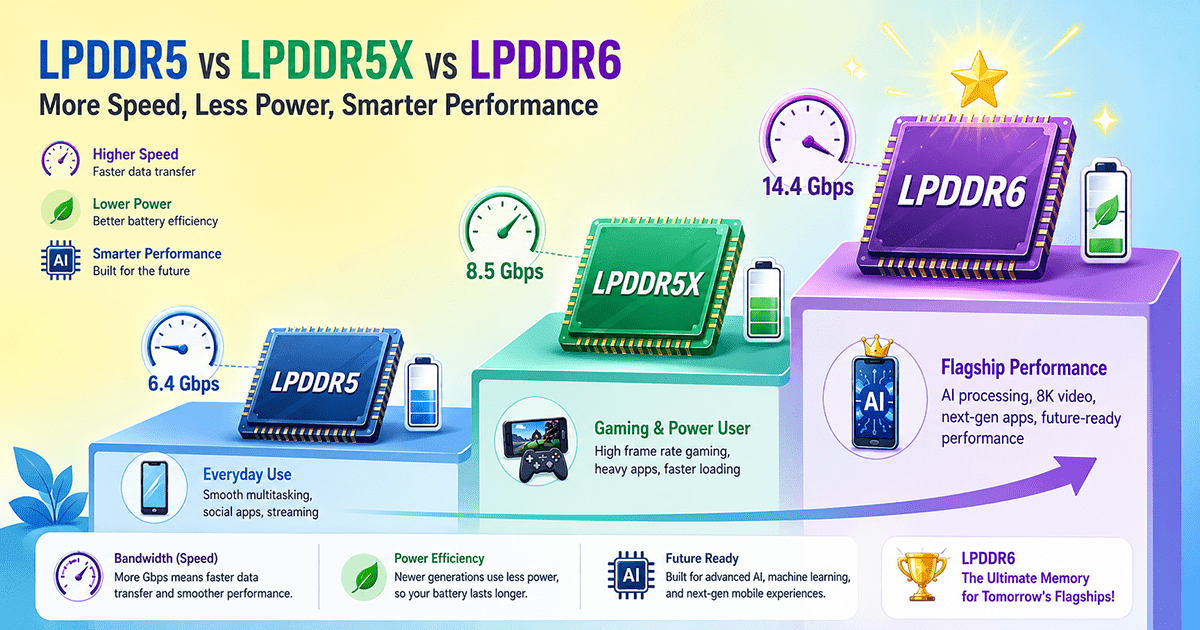 مقارنة ذاكرة LPDDR5 ضد LPDDR5X ضد LPDDR6: الفرق في سرعة وطاقة وأداء ألعاب الهواتف (دليل شامل)